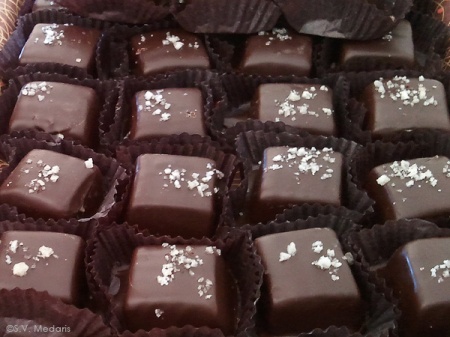 a tray of chocolates: Caramel with Sea Salt